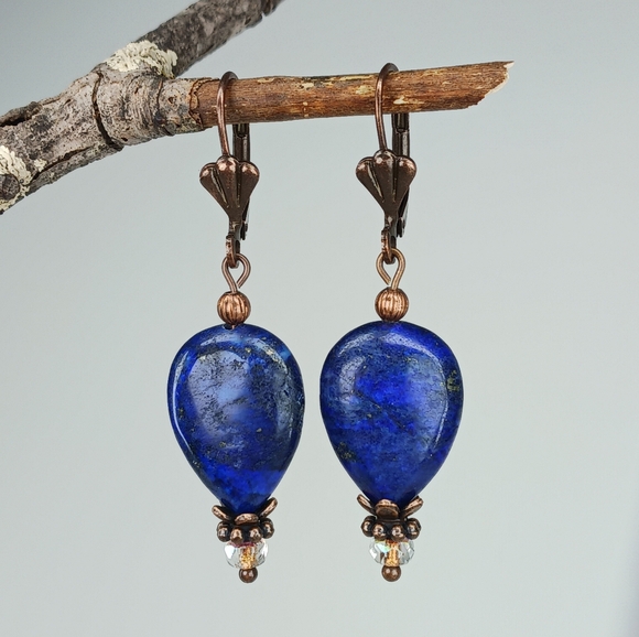 Earth Art hand crafted artisan Jewelry - HAND CRAFTED Lapis Lazuli Blue Copper Gemstone Teardrop Rustic Dangle Earrings